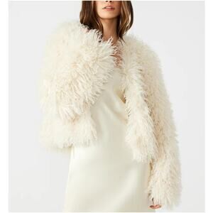 Steve Madden Leites Jacket Womens Large Ivory Shaggy Faux Fur Lined Cozy Chic